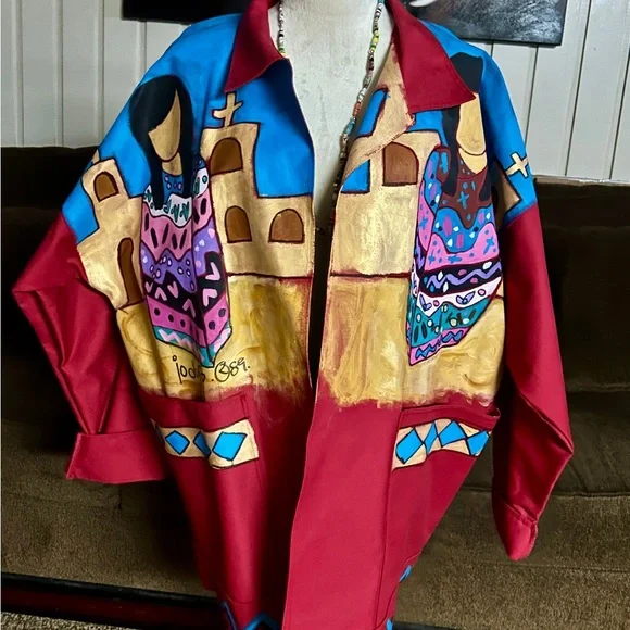 Jo Dufo ~1989 ~Hand-Painted Red/Multi-Colors Native American Indian Large Jacket